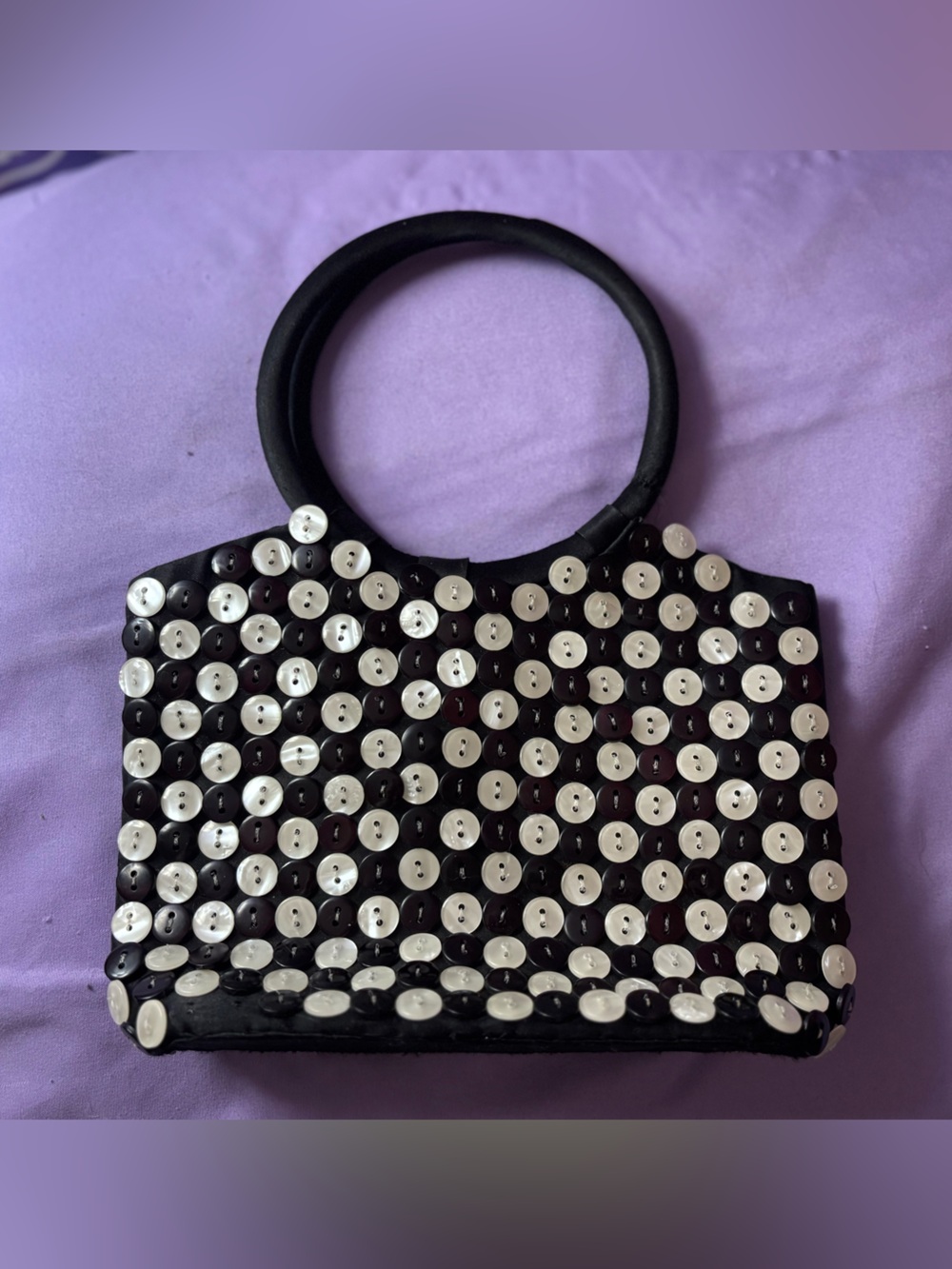Black Button-Embellished Round-Handle Women's Handbag